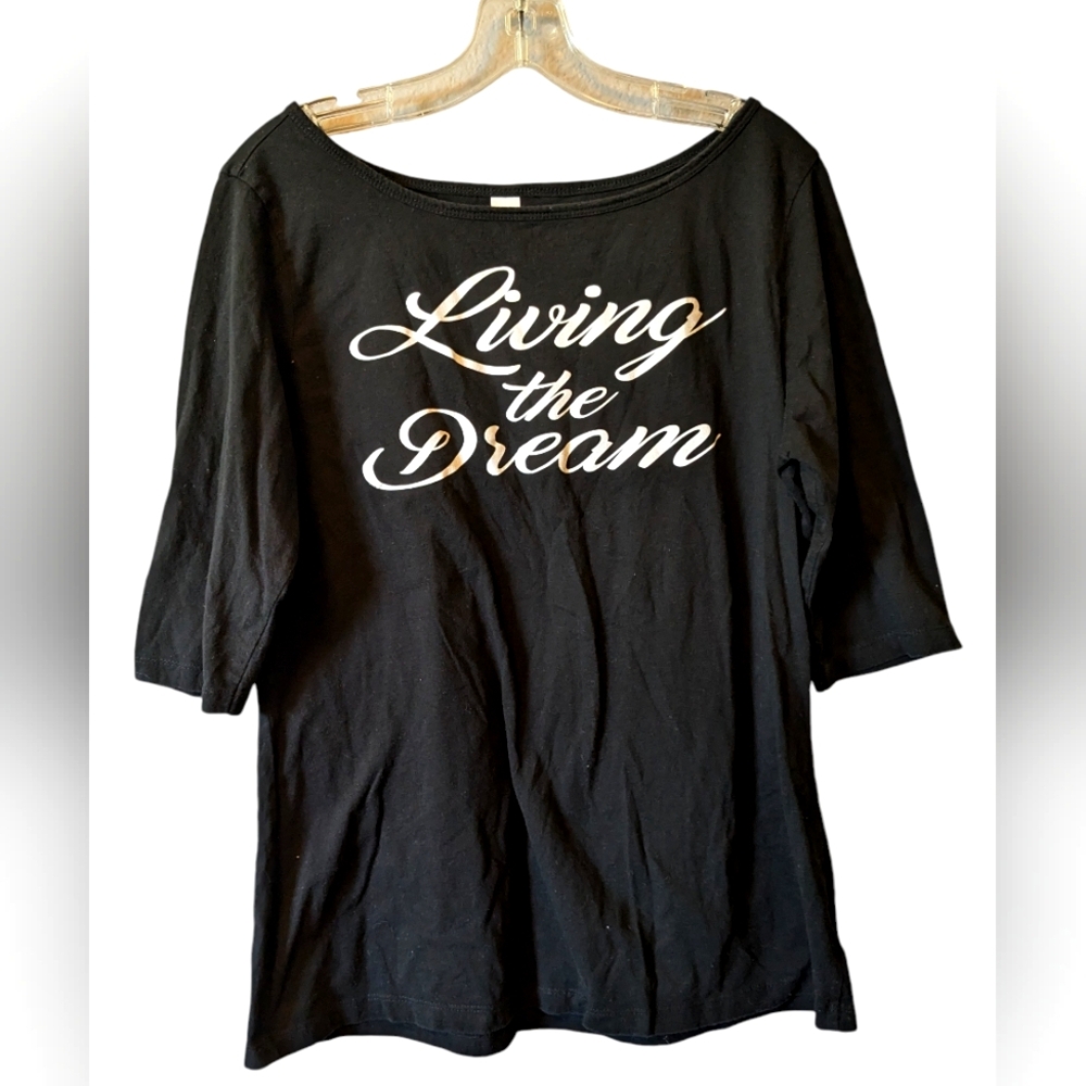 💥SALE💥 Living The Dream Black Graphic Cotton Tee Shirt Elbow Sleeves Sz. XL